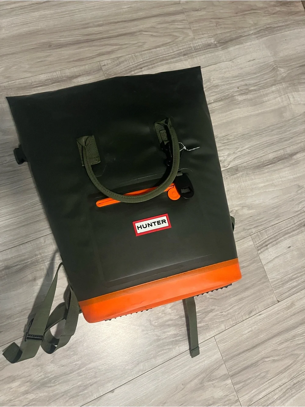 Hunter Olive Green Cooler Backpack with Orange Base and Trim